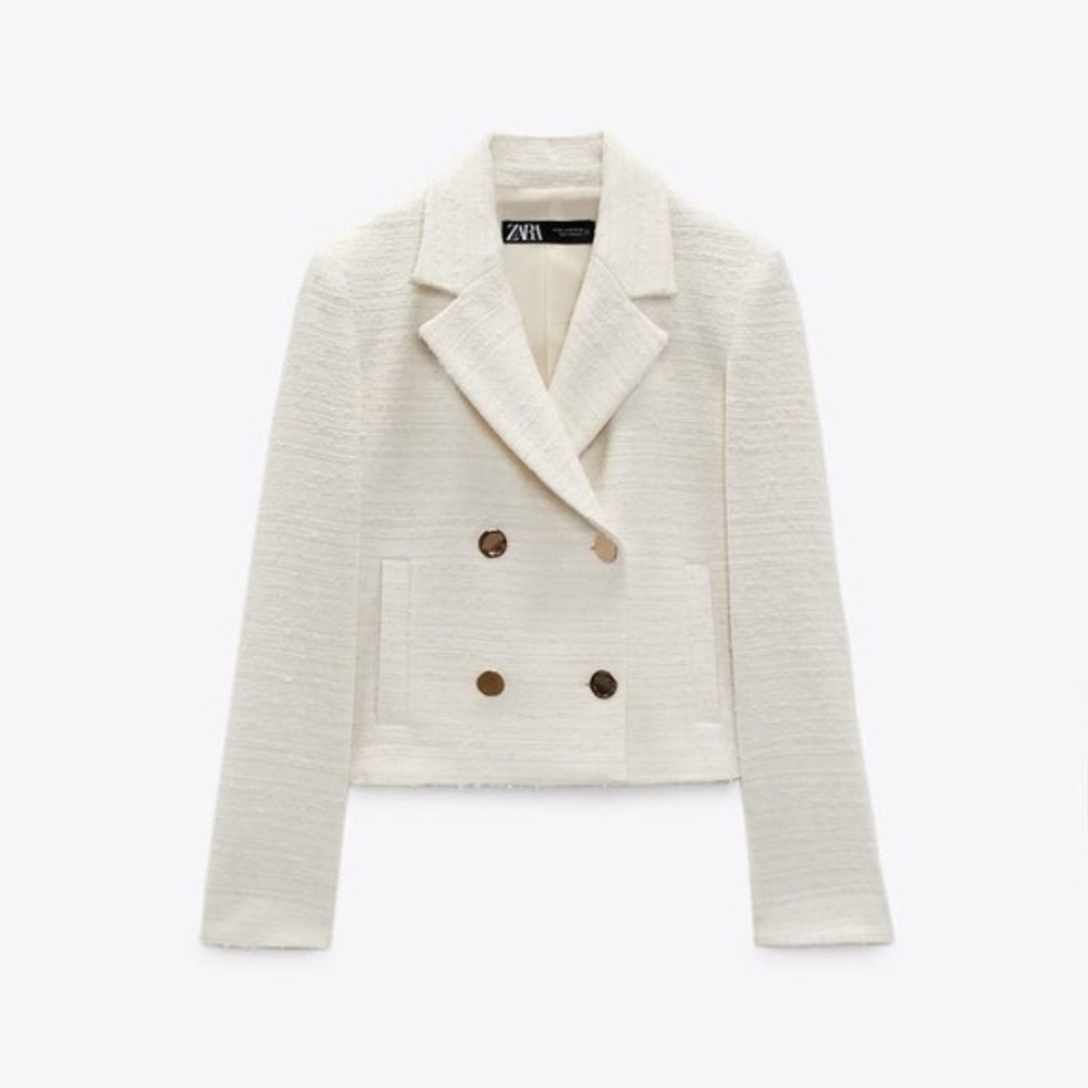 Zara Cream Textured Fabric Cropped Coat , With Shoulder Pads, Pre- Owned SzM - Picture 4 of 14